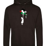 JH001 JBK FRONT Free Palestine Hoodie Black - HasnaGifts - Qubi - Palestine Girl and Boy and Balloons Large logo